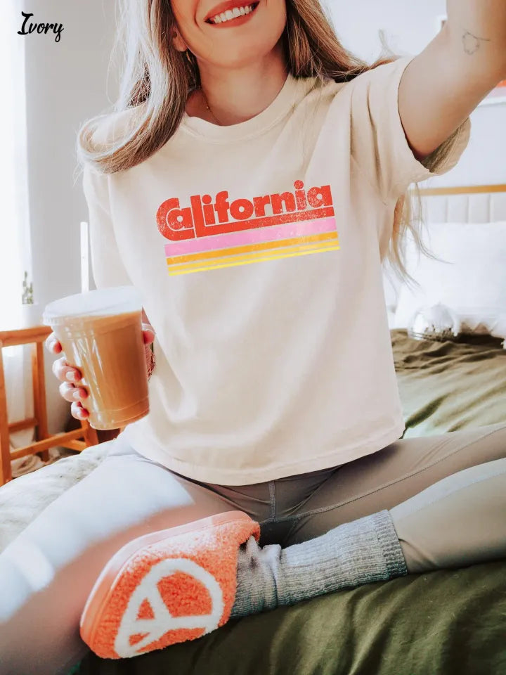California Retro Boxy Tee, Vintage Distressed 70s Stripe Graphic Shirt, West Coast Cali Souvenir Shirt Gift Her