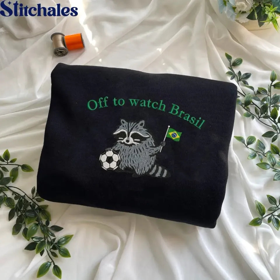 Embroidered Off To Watch Brazil T-shirt, Raccoon Argentina Soccer Fan Gift, World Cup Goat