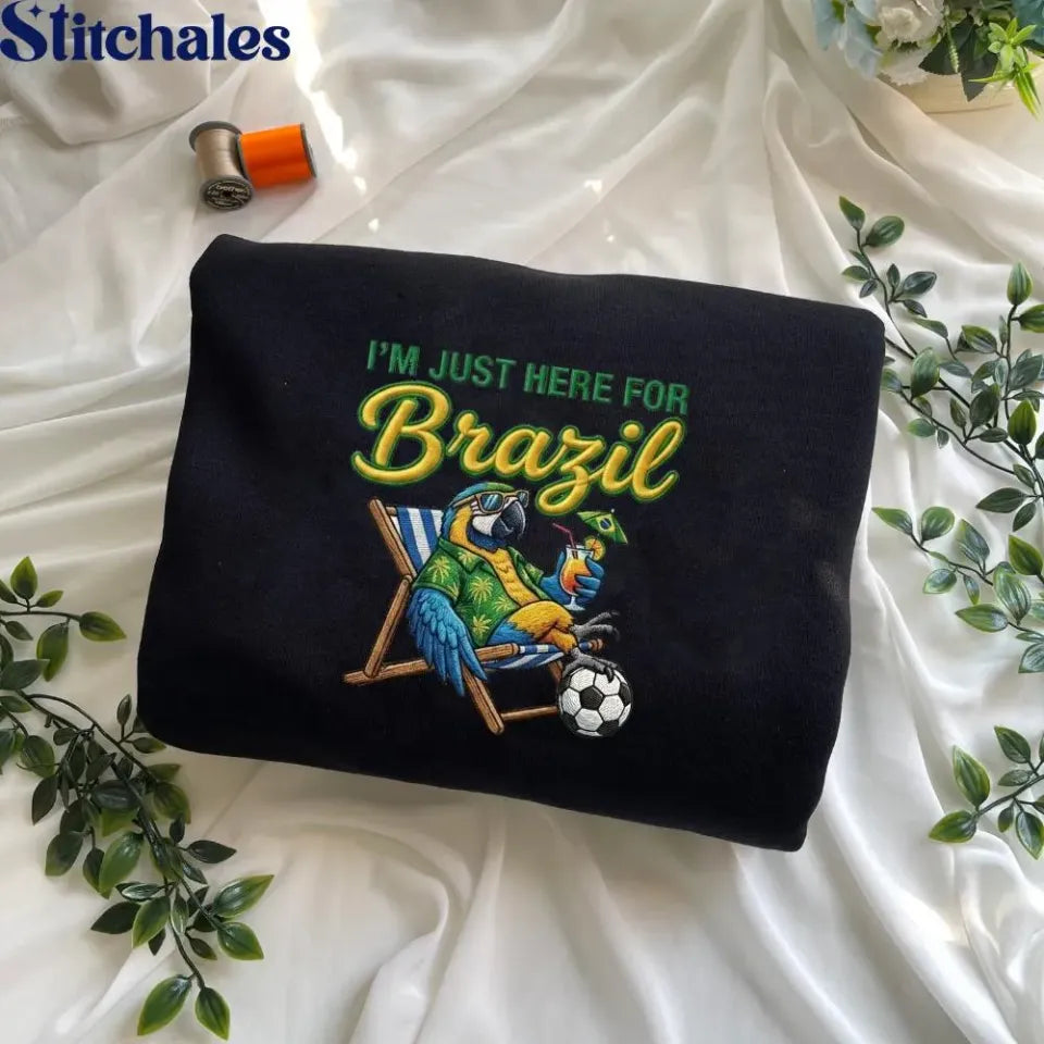 Embroidered I'm Just Here for Brazil T-shirt, Soccer Fan Gift, World Cup Goat Shirt