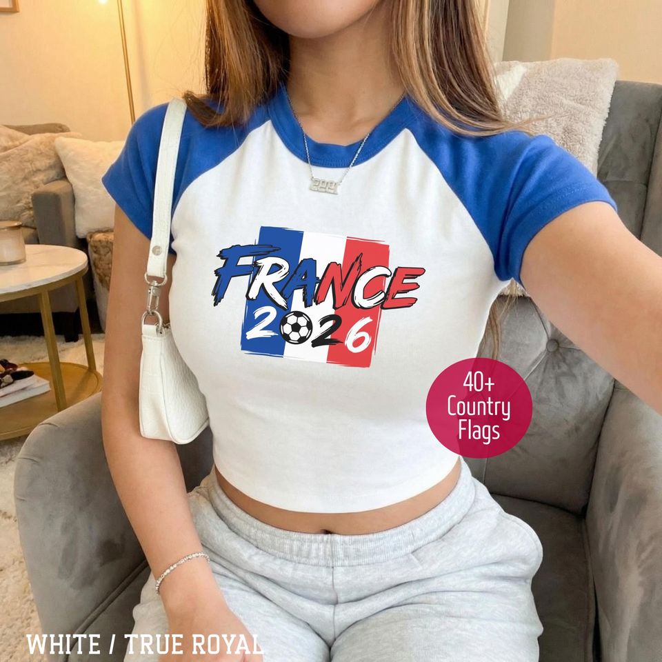 World Cup 2026 Country Raglan Baby Tee, 90's Style Bella Canvas 2026 World Cup France Tee, Soccer Flags Tee, Custom World Cup 2026 Crop Tee