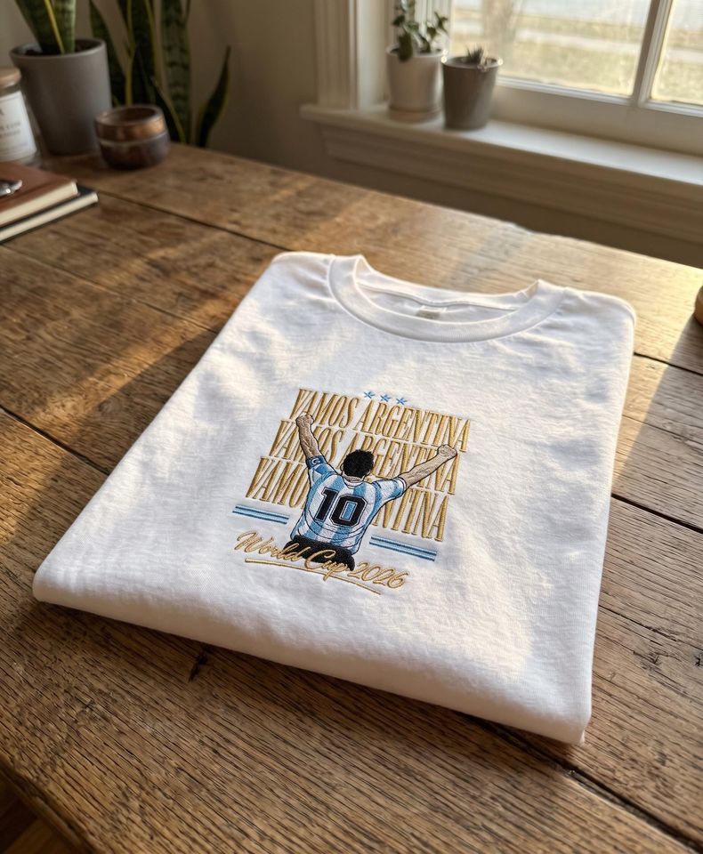 Embroidered Vamos Argentina T-shirt, Custom Soccer Fan T-Shirt, World Cup Albiceleste Top