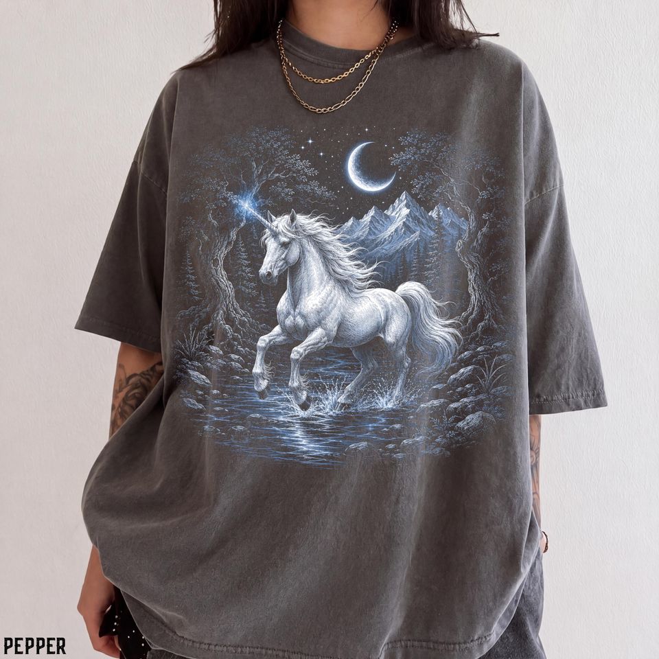 Moonlit Unicorn Shirt, Fantasy Unicorn Tee, Magical Shirt, Celestial Fantasy Gift, Enchanted Unicorn Lover Tee Moon Magic Comfort Colors Tee