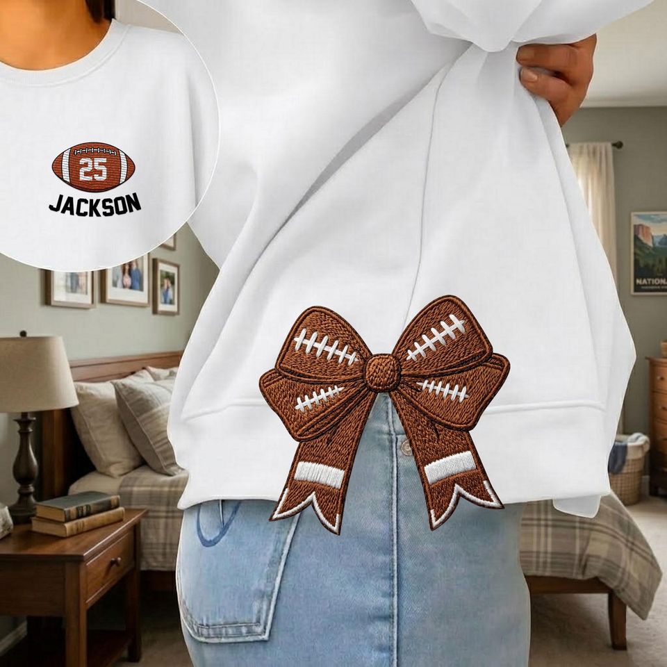 Personalized Football Side Bow Cut-Out Sweatshirt, Custom Name Number Sweatshirt, Football Mom Embroidered Sweatshirt, Football Coquette Bow