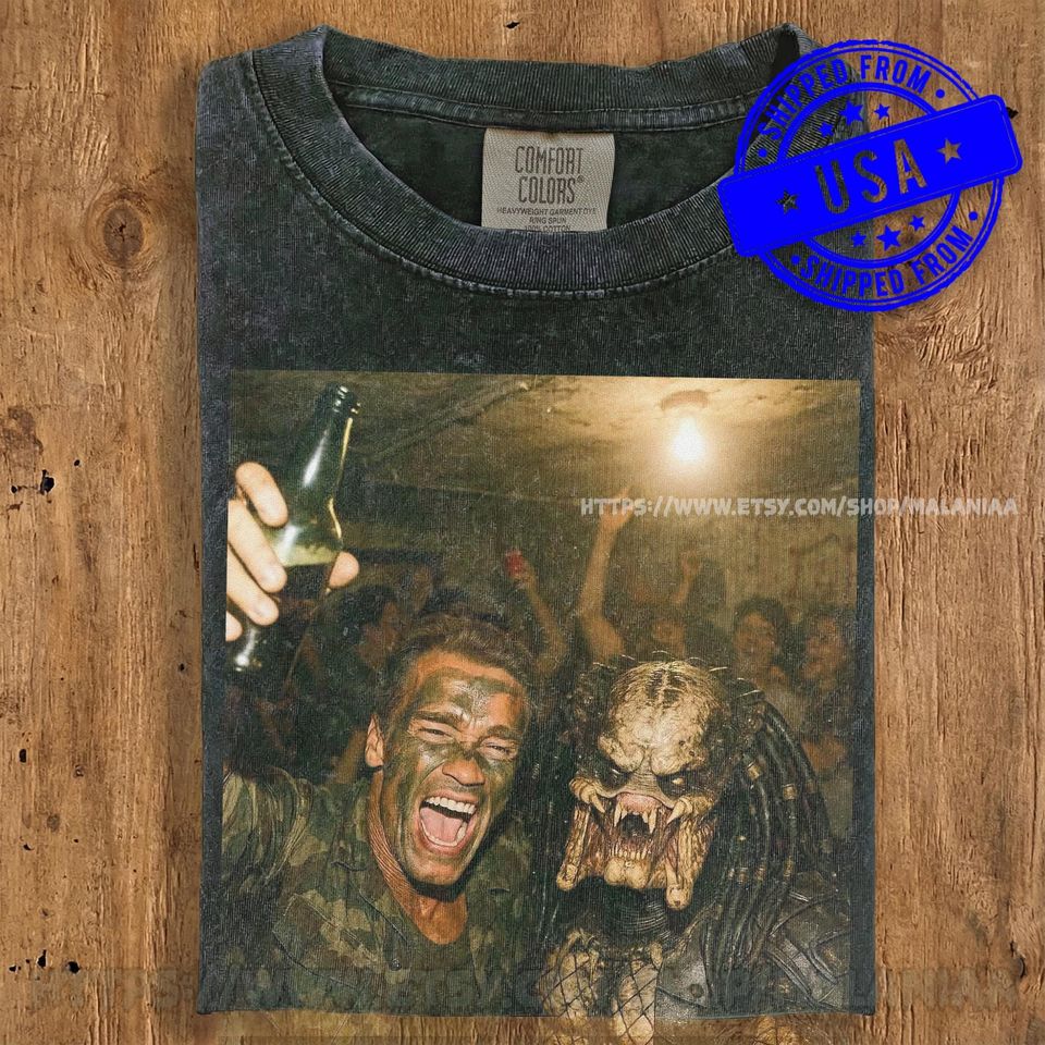 Arnold & Predator Party T-Shirt, Comfort Colors Tee, Funny Movie Meme Shirt, Vintage 90s Bootleg Style, Arnold Drinking Beer Graphic Tee