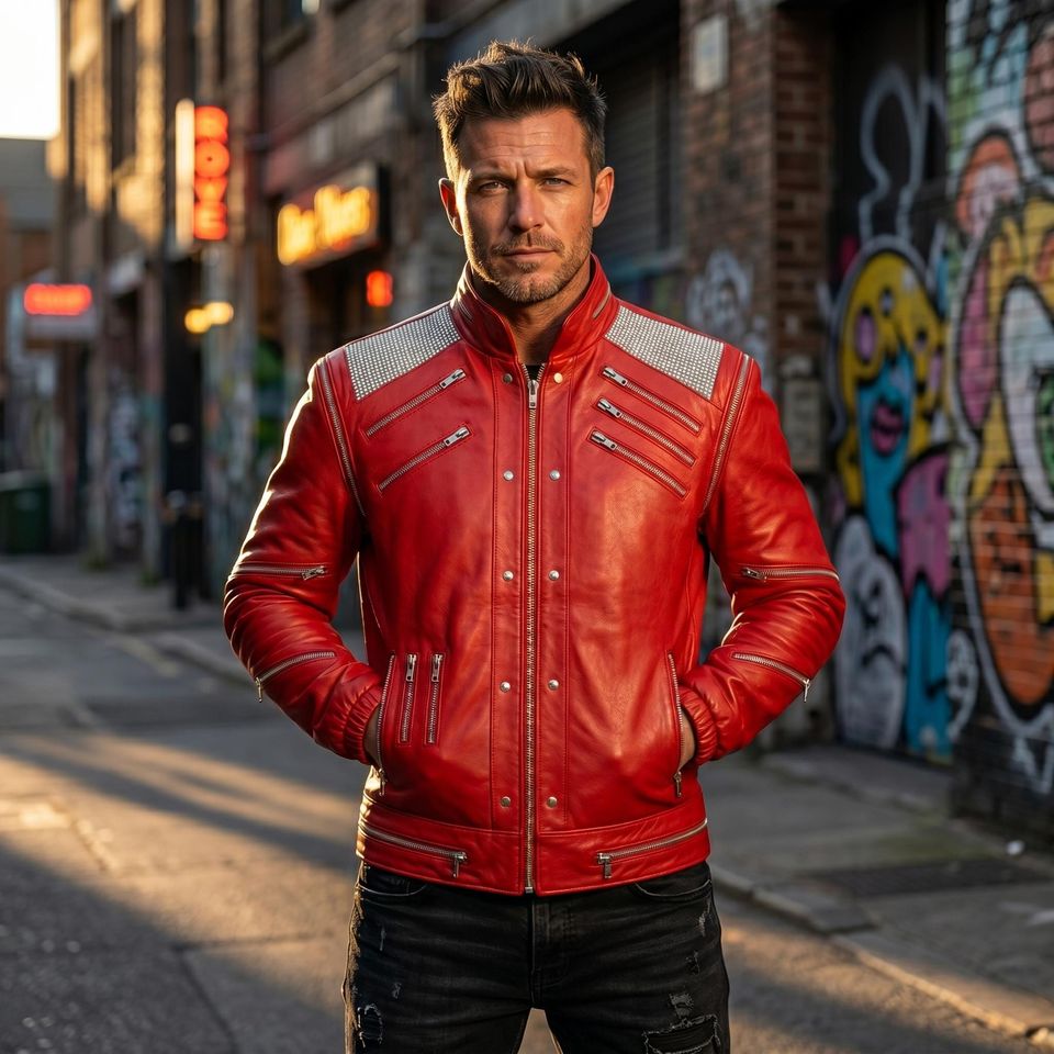Handmade Retro Red MJ Pop Star Beat It Style Leather Jacket - Luxury Rockstar Multi-Zipper Pop Culture Concert Outfit - Iconic Dance Costume