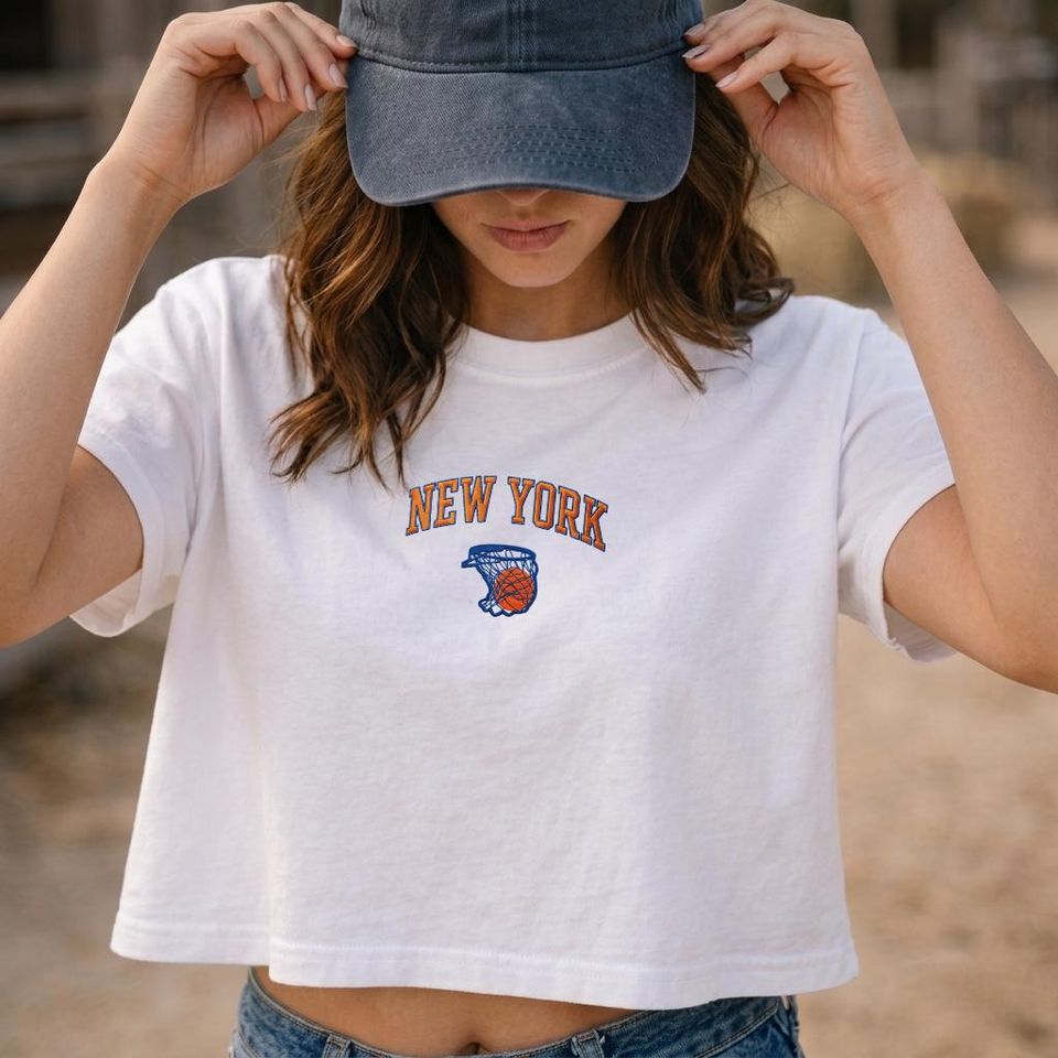 New York Basketball Boxy Crop Tee, Sports Embroidered T-Shirt, Y2K Aesthetic Hoop Top, NYC Gift for Her