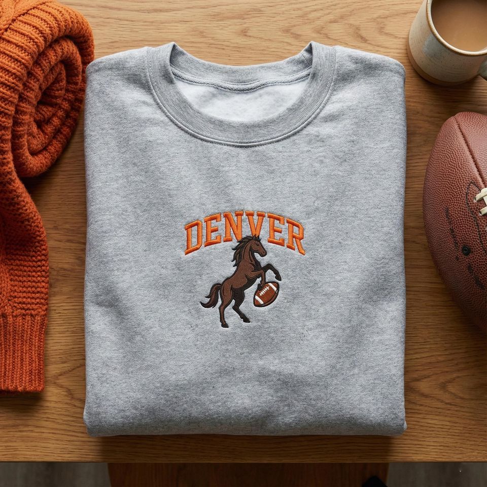 Denver Horse Embroidered Sweatshirt, Majestic Animal Football Hoodie, City Pride Pullover, Broncos Fan Gift Crewneck, Cute Horse