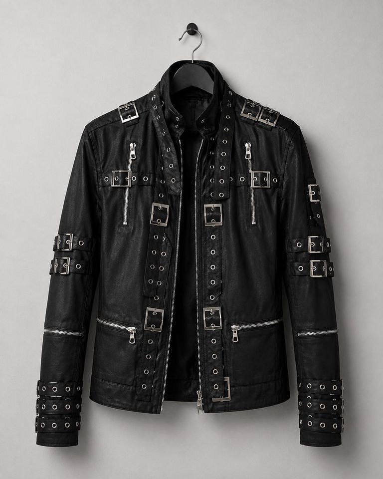 Black Leather Biker Jacket, Metal Buckle Rockstar Style, Gothic Concert Costume