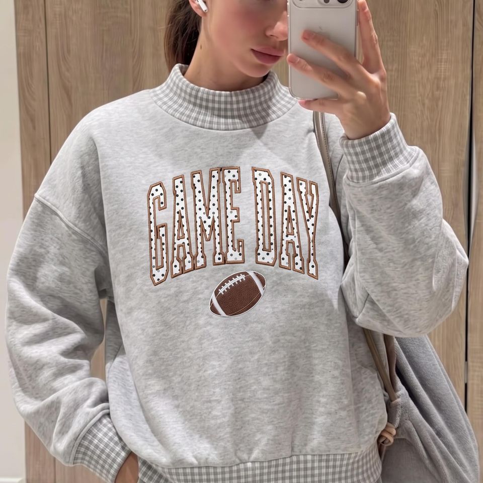Embroidered Game Day Sweatshirt, Gingham Applique Football Crewneck, Football Mom Shirt, Vintage Football Pullover, Game Day Outfit