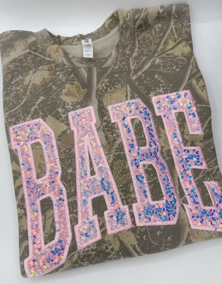 Babe Camo Sequin or Satin Embroidered Crewneck Sweatshirt | Custom Camo Embroidered Sweatshirt