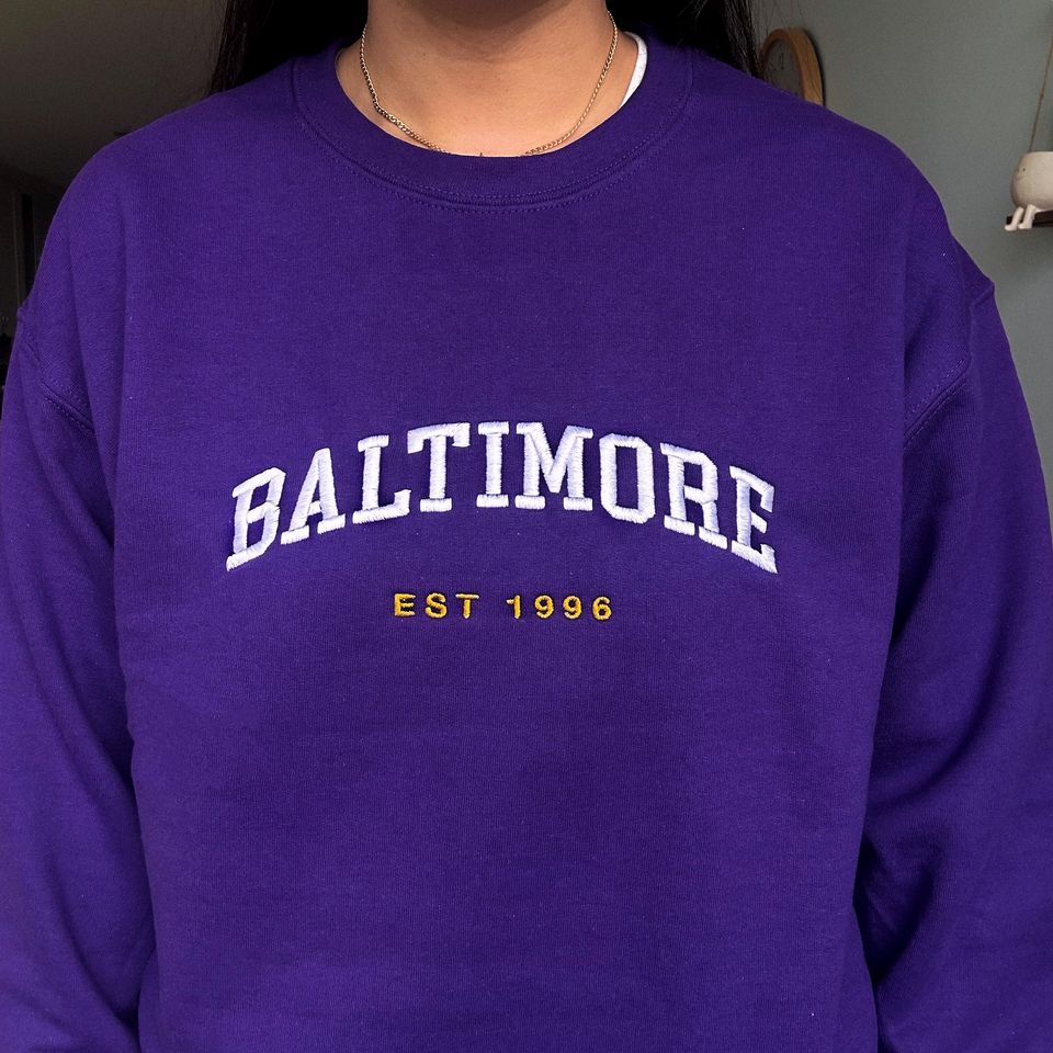 Embroidered Baltimore Football Sweatshirt, Retro Sports Crewneck, Vintage Football Fan Apparel, Retro purple black sweater UNISEX