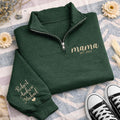 Mama Embroidered Quarter Zip Sweatshirt, Personalized Mama EST Pullover, Custom Kids Names Sleeve Gift for Mom Mothers Day