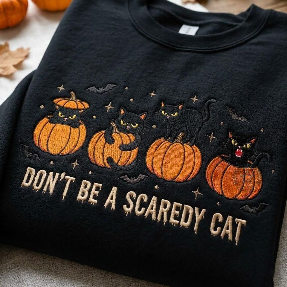 Embroidered Don’t Be a Scaredy Cat Sweatshirt, Vintage Halloween Crewneck, Black Cat Pumpkin Shirt, Spooky Season Tee, Cat Lover Gifts