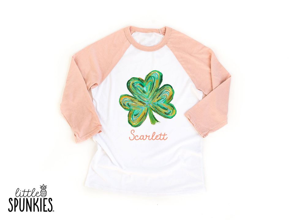 Brush Stroke Shamrock with Custom Name Raglan: Kids St Patricks Day Shirt - IL9926