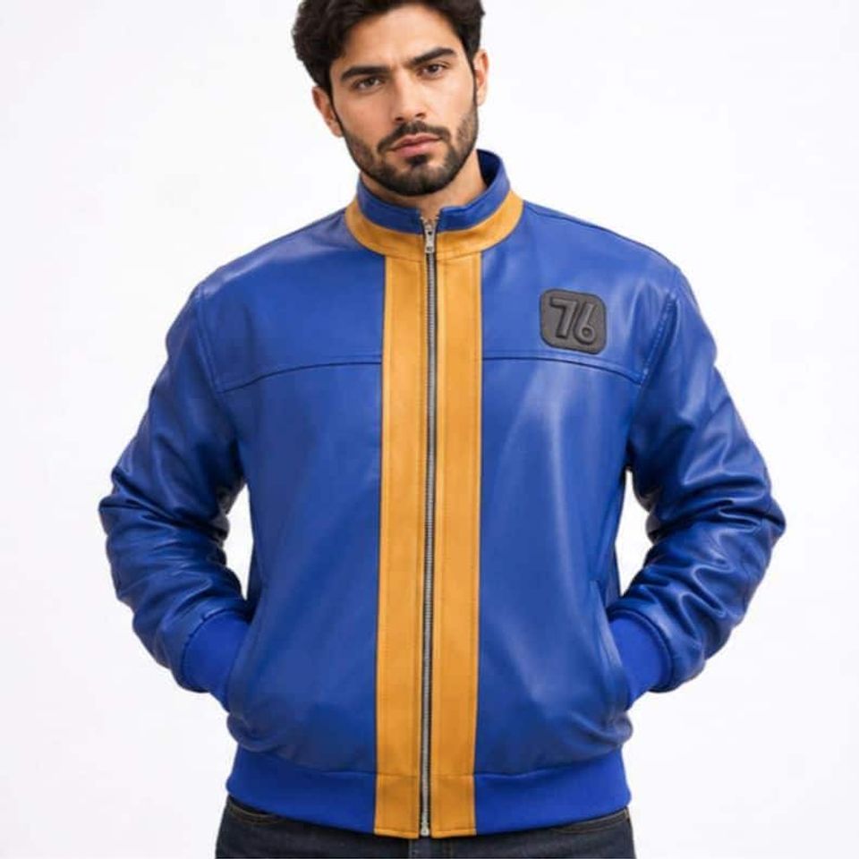 Falllout 76 Inspired Vault Blue Faux Leather Cosplay Jacket: Men's Motorcycle Jacket