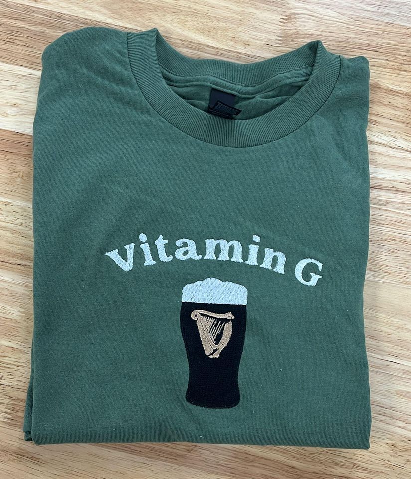 Embroidered Vitamin G Shirt – Funny Irish Beer Sweatshirt & Hoodie, Minimalist St. Patrick’s Day Crewneck, Cute Pub Lover Gift Top