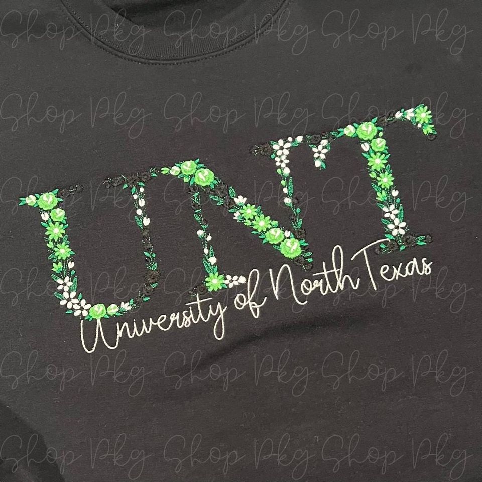 University of North Texas Embroidered Sweatshirt - Floral Lettering - Script College - School Spirit - Football Season - Univ Custom Top