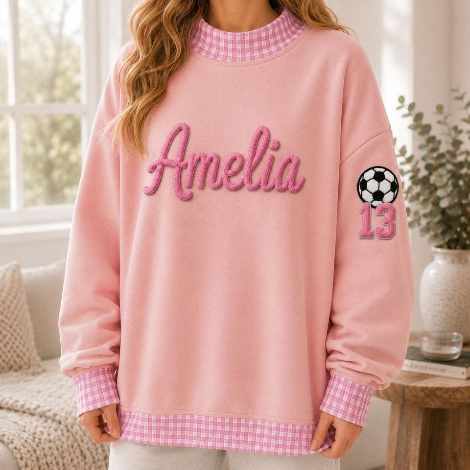 Personalized Football Gingham Mock Neck Sweatshirt, Navy Orange Game Day Crewneck, Jersey Number Game Day Shirt, Football Fan Gift