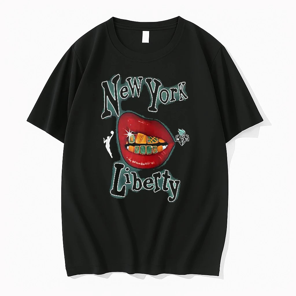 Officials New York Liberty Wnba Glossy Red Lips Gold Emerald Grill T Shirt Sweater