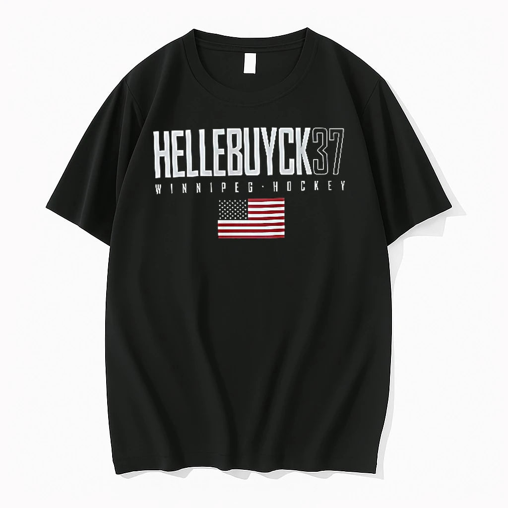 Officials Winnipeg Hockey Hellebuyck 37 American Flag Block Typography Youth T Shirt Sweater