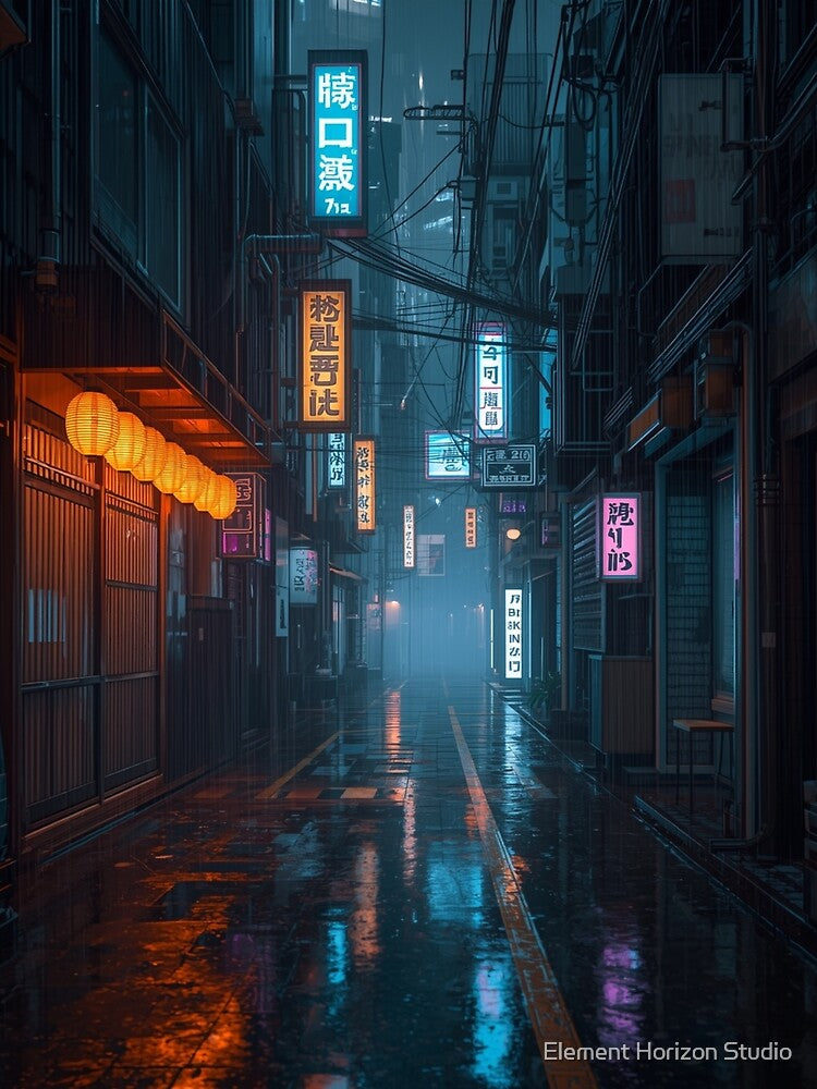 Rainy Japanese Cyberpunk Alley Neon Night Cityscape by Element Horizon Studio