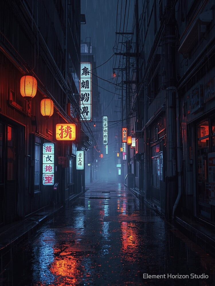 Rain-Soaked Japanese Cyberpunk Alley Neon Night Cityscape by Element Horizon Studio