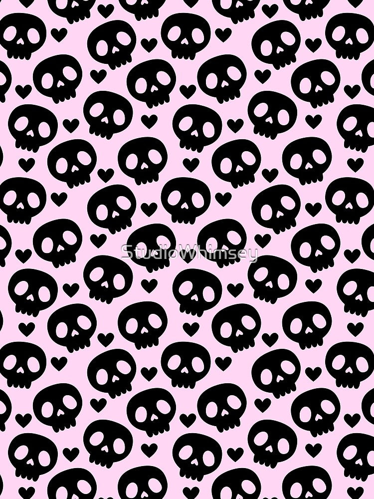Kawaii Skull Hearts Pastel Goth Creepy Cute Spooky Skeleton Pink and White Pattern by StudioWhimsey