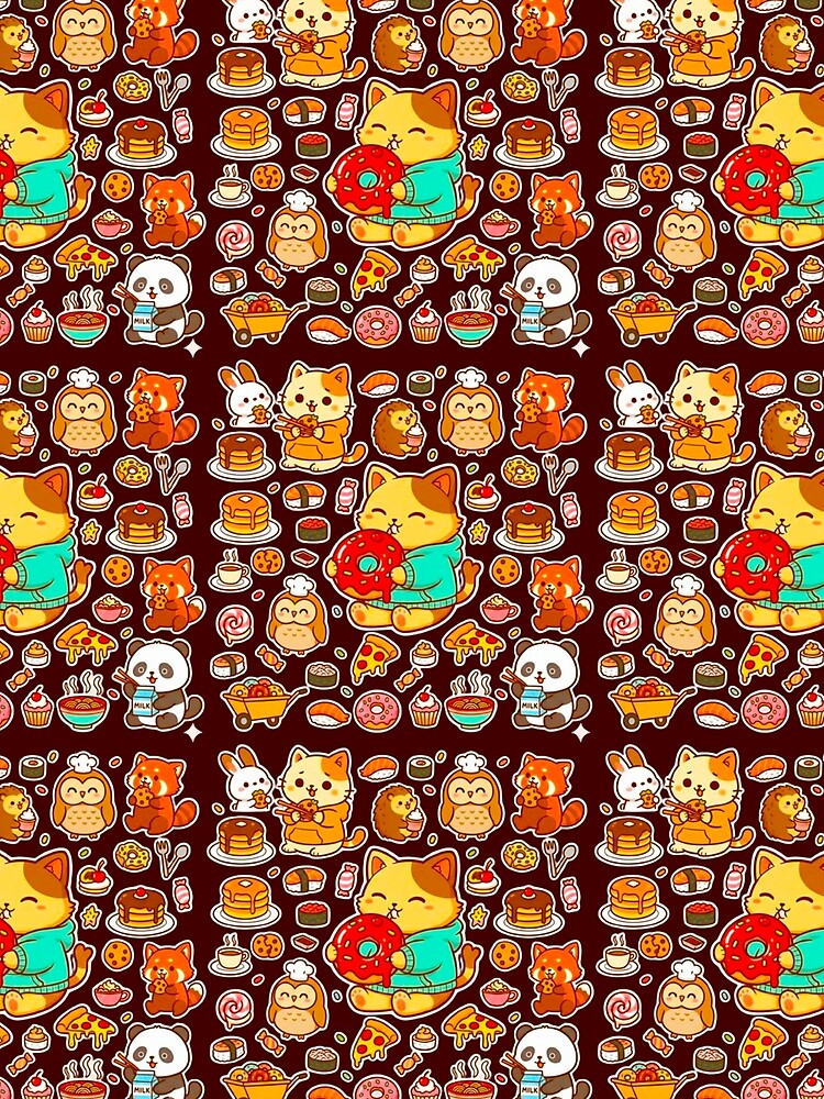 Kawaii Animal Foodie Pattern - Cute Cats, Panda & Sushi Seamless Aesthetic Art by MT-Hub | Art for Every Soul