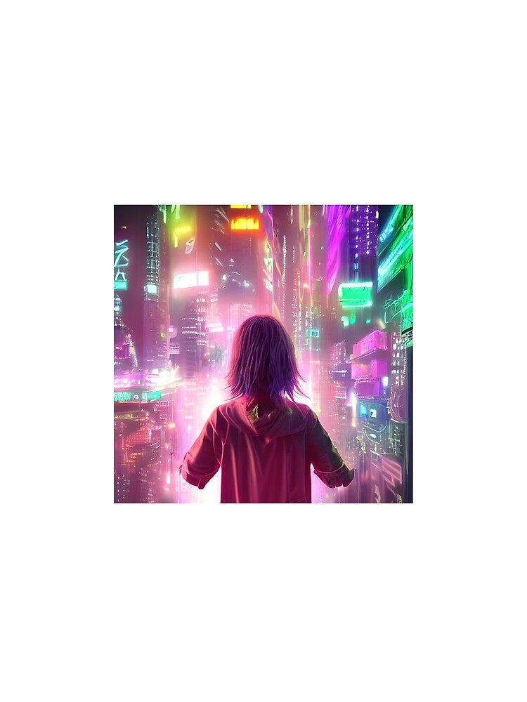 Neon Cyberpunk Anime Girl in Futuristic City – Back View Hoodie Art by Hotgirldeel