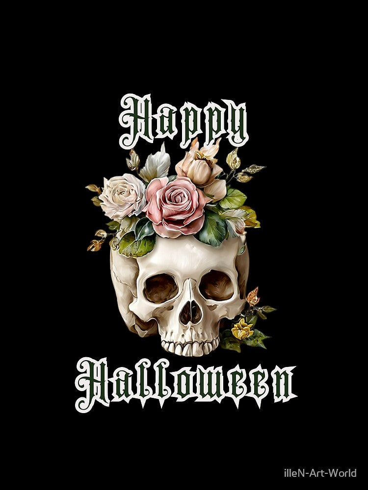 Happy Halloween Gothic Rose Skull - Cottagecore Floral Macabre Watercolor Art by illeN-Art-World