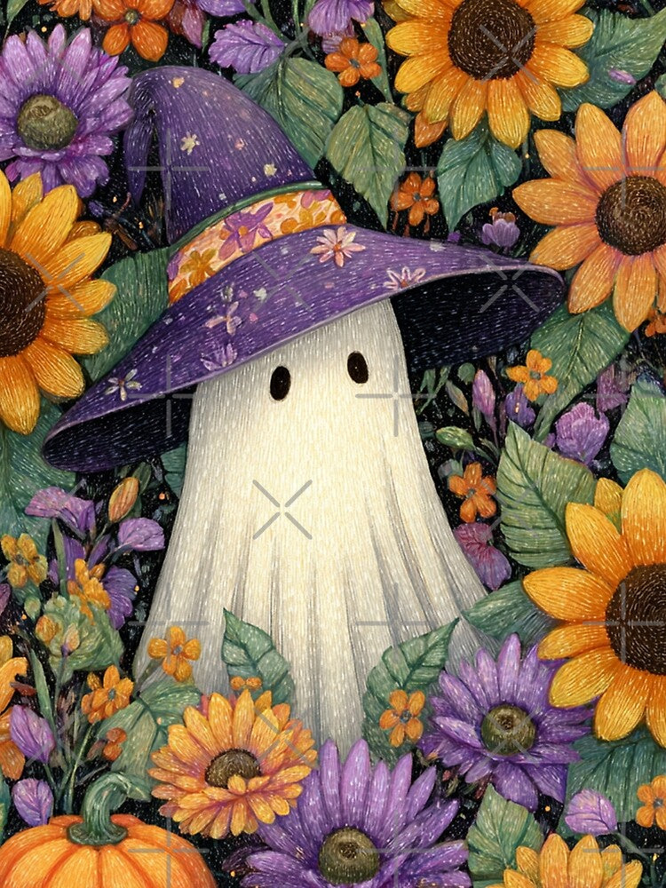 "Whimsical Ghost in a Garden" – Cute Autumn & Halloween Illustration by cocomelon168