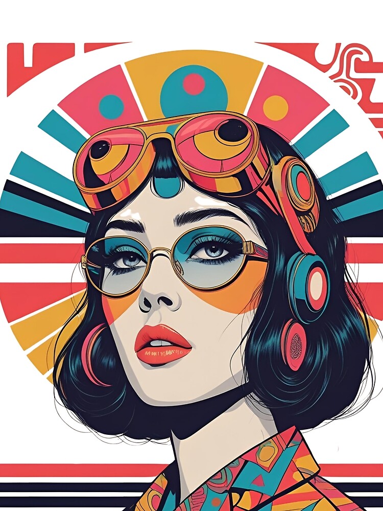 Maximalist Retro-Nostalgia Illustration of a Girl Featuring Bold Colors, Layered Patterns, 70s Psychedelic Style, and 90s Tech-Inspired Aesthetic by catcurio