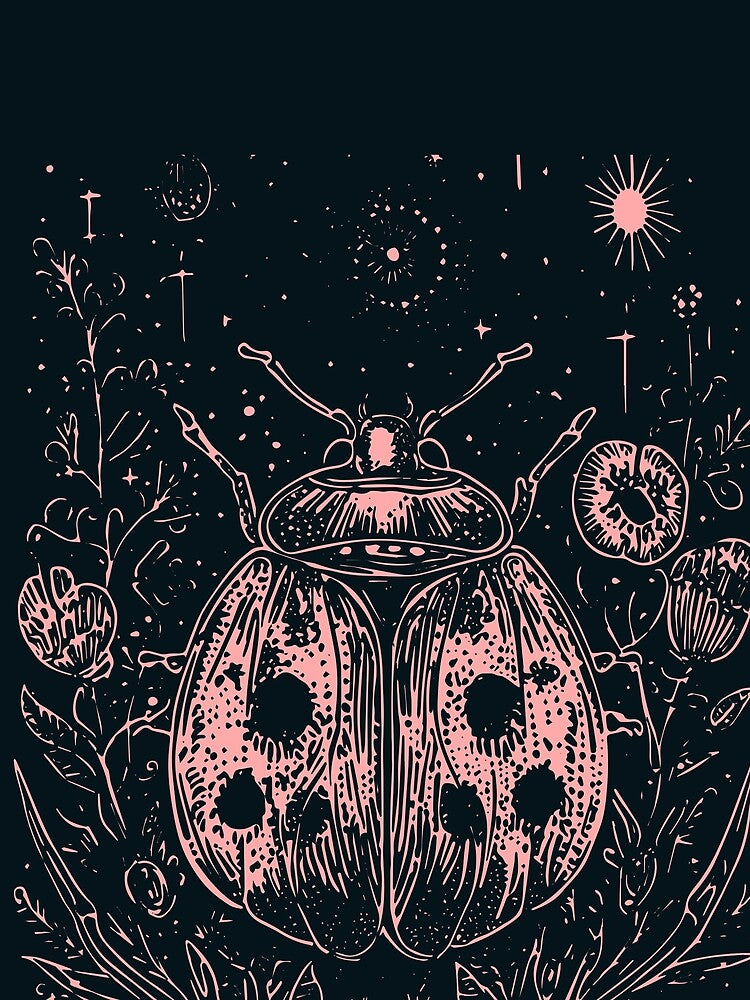 Magical Ladybug Art Print - Pink Cottage Garden Insect Wall Decor by TuncGK