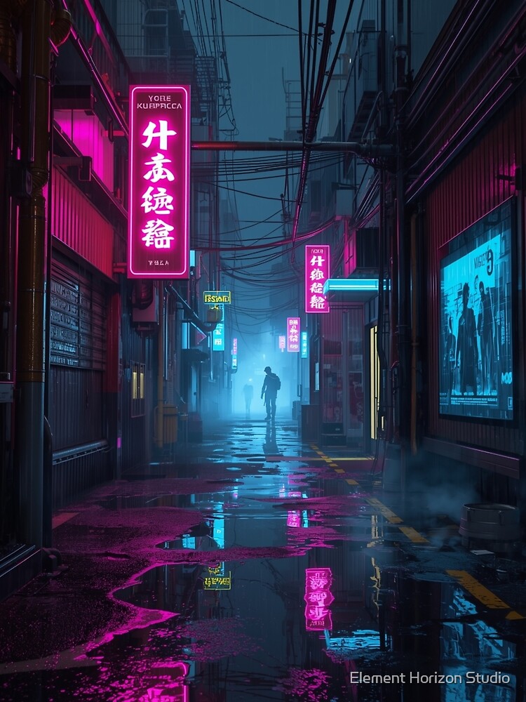 Neon Cyberpunk Alley Futuristic Rainy Street with Silhouette by Element Horizon Studio