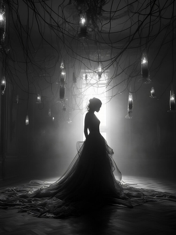 Black and white lighting contemporary contrasting design monochrome woman dress sadness magic mood nostalgia dark scene by Univers Noir et Blanc