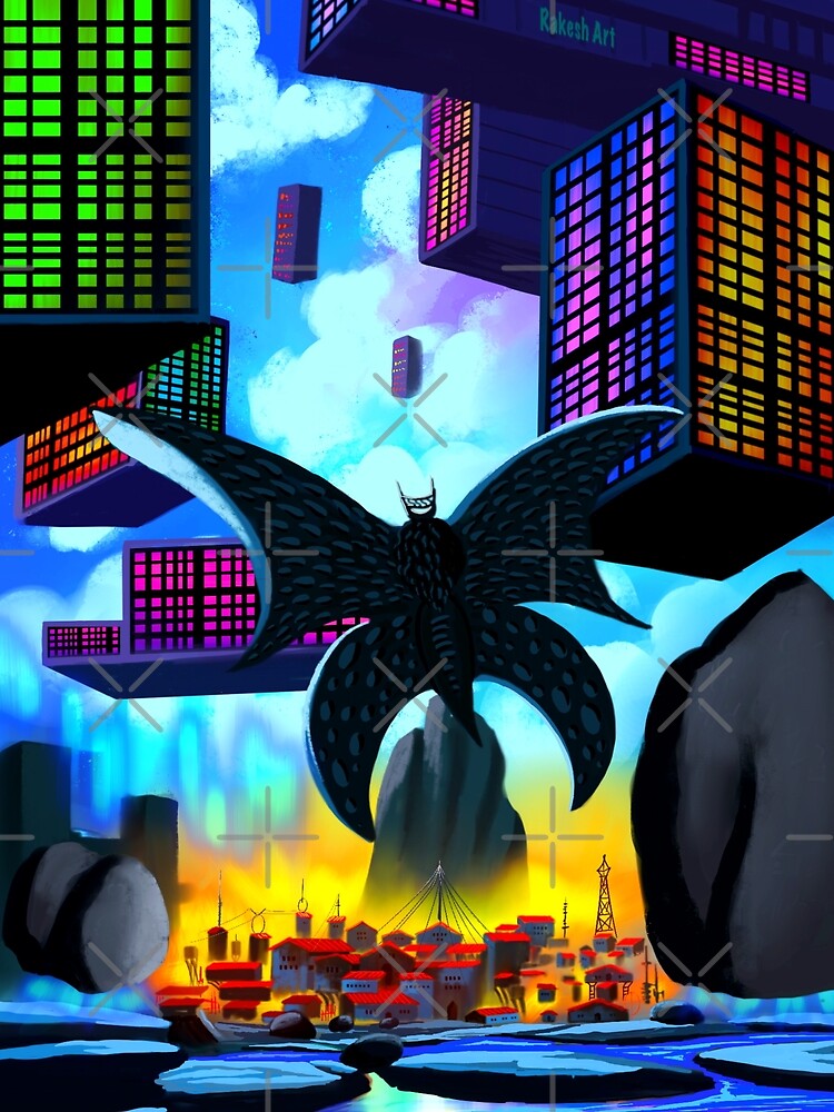 Giant Neon Moth Kaiju Floating Cyberpunk City Digital Art by ExploreAura Studio