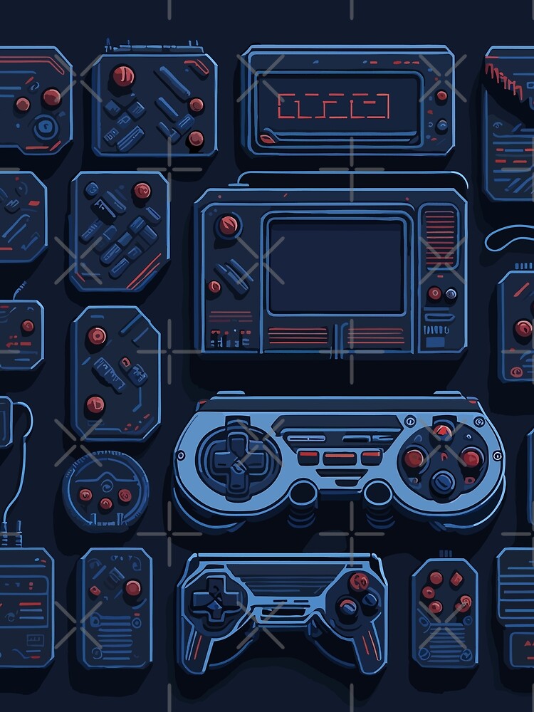 a pixelart representation of a classic game console with iconic controllers and game cartridges, set against a retro-themed background featuring nostalgic 80s patterns and neon accents by Art Store Stickers