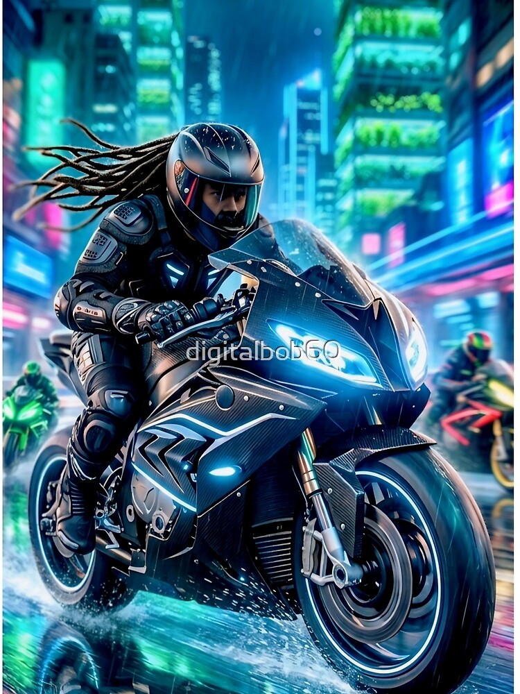 Neon City Bike Race- Futuristic Cyberpunk Rider Art. by digitalbob60