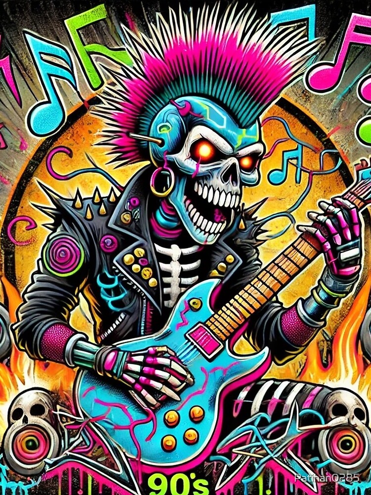 Vintage 90s Rock T-Shirt Design: Skeleton Guitarist with Neon Vibes by NeonBot_Shop