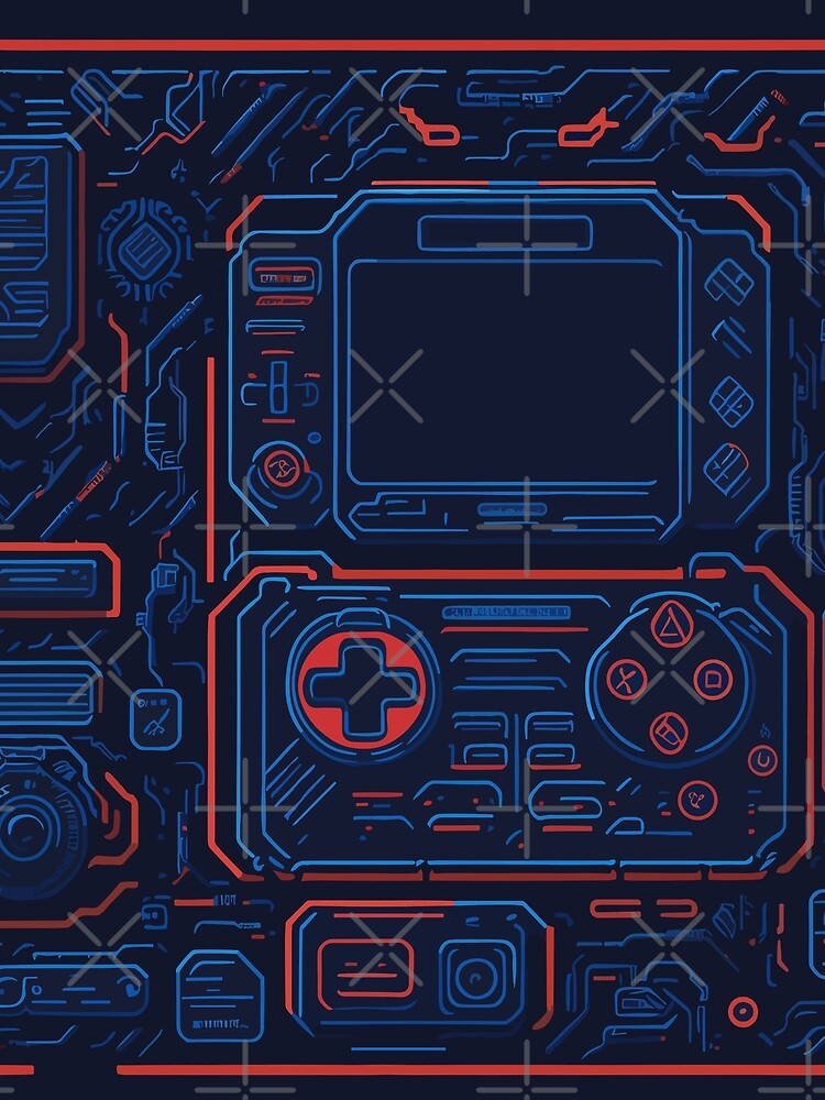 a pixelart representation of a classic game console with iconic controllers and game cartridges, set against a retro-themed background featuring nostalgic 80s patterns and neon accents by Art Store Stickers