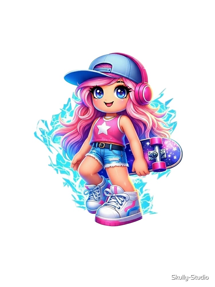 Cute Galactic Skater Girl - Pink Anime Aesthetic & Blue Lightning by Skully-Studio