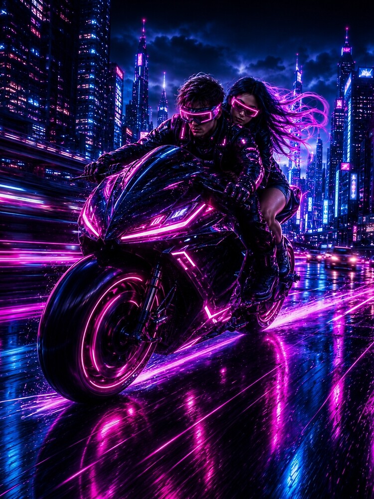 Cyberpunk Motorcycle Night Ride by NeonRealmsStudio