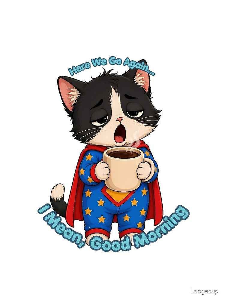 Here We Go Again...Good Morning! Funny Cat Coffee T-Shirt by Leogasup