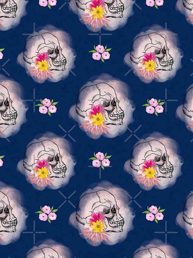 Watercolor Skull and Flowers Seamless Pattern Navy Blue Background by Vívian Creative Studio