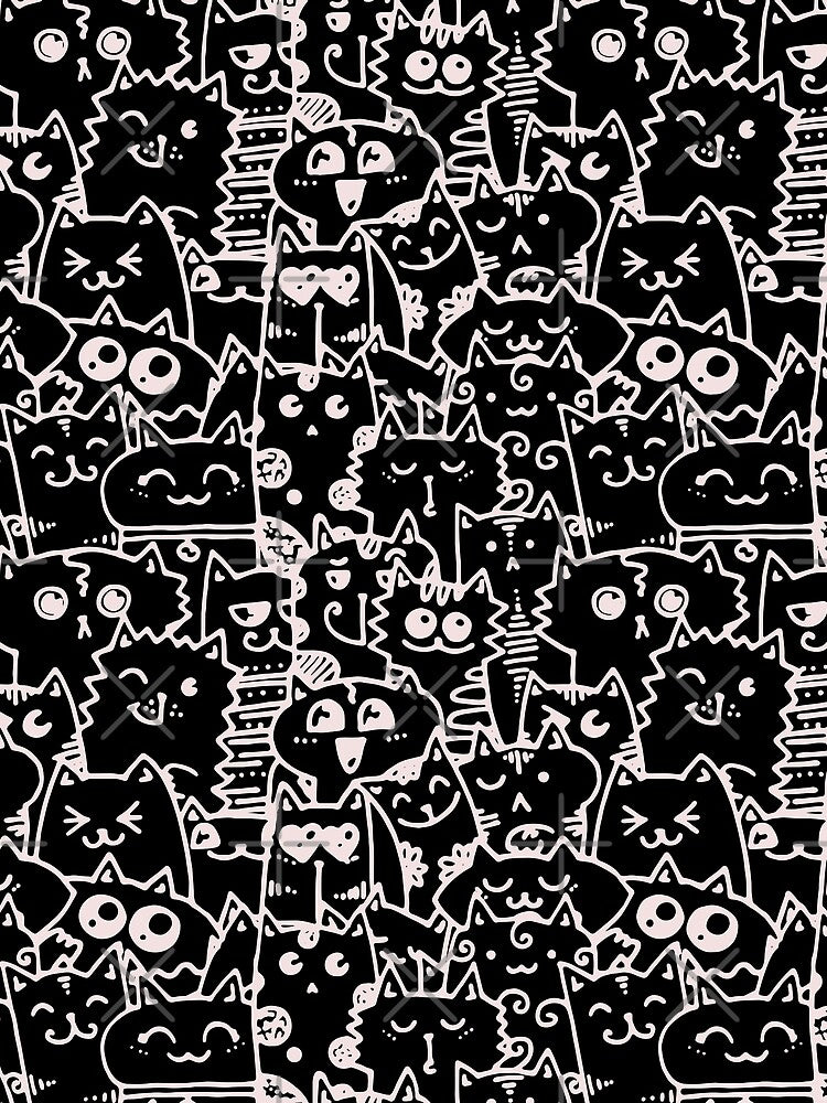 Kittie kawaii doodle pattern - White lines against black background by ZenReiArt