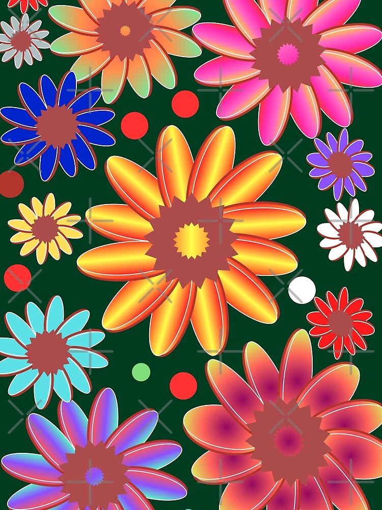 Vibrant Psychedelic Flower Garden on Dark Green by HopeAndHustle