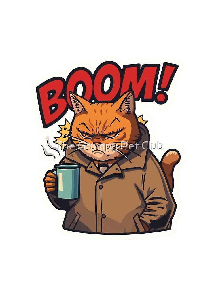 Sarcastic Grumpy Cat Coffee Sticker - Funny Retro Boom Morning Mood Design by The Grumpy Pet Club