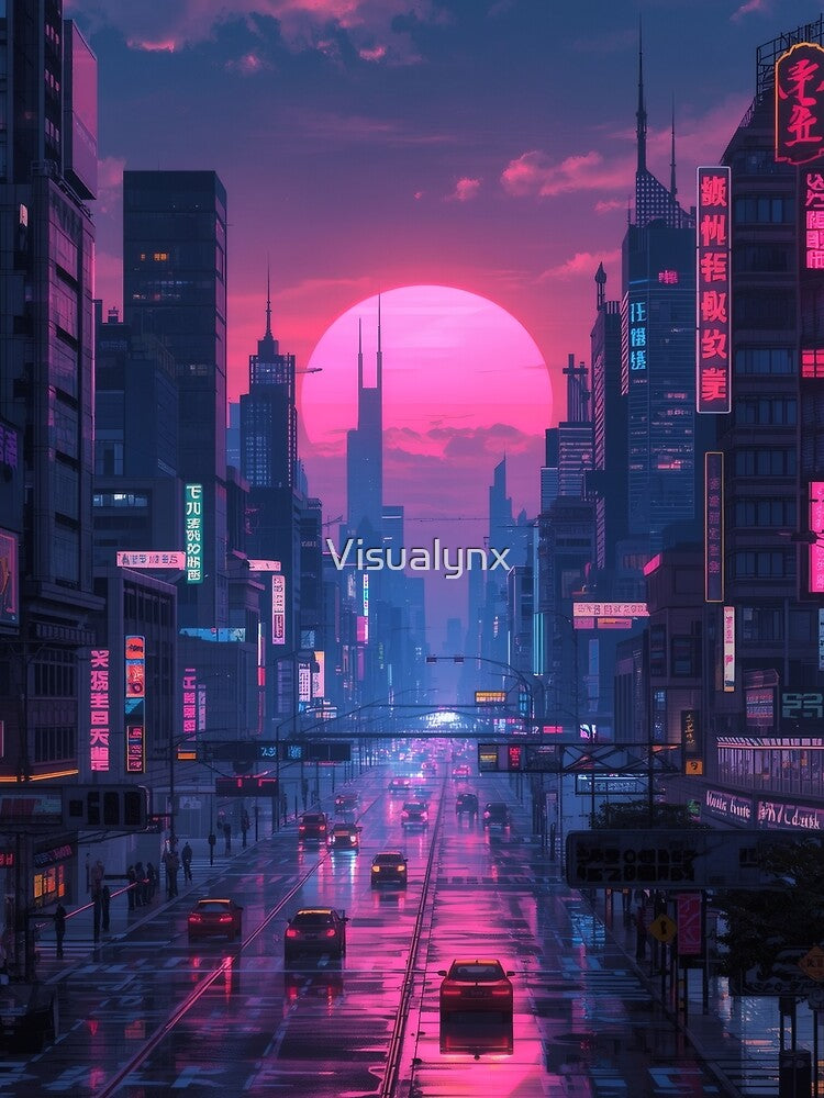 Cyberpunk Cityscape – Neon Futuristic Skyline Vaporwave Art by Visualynx