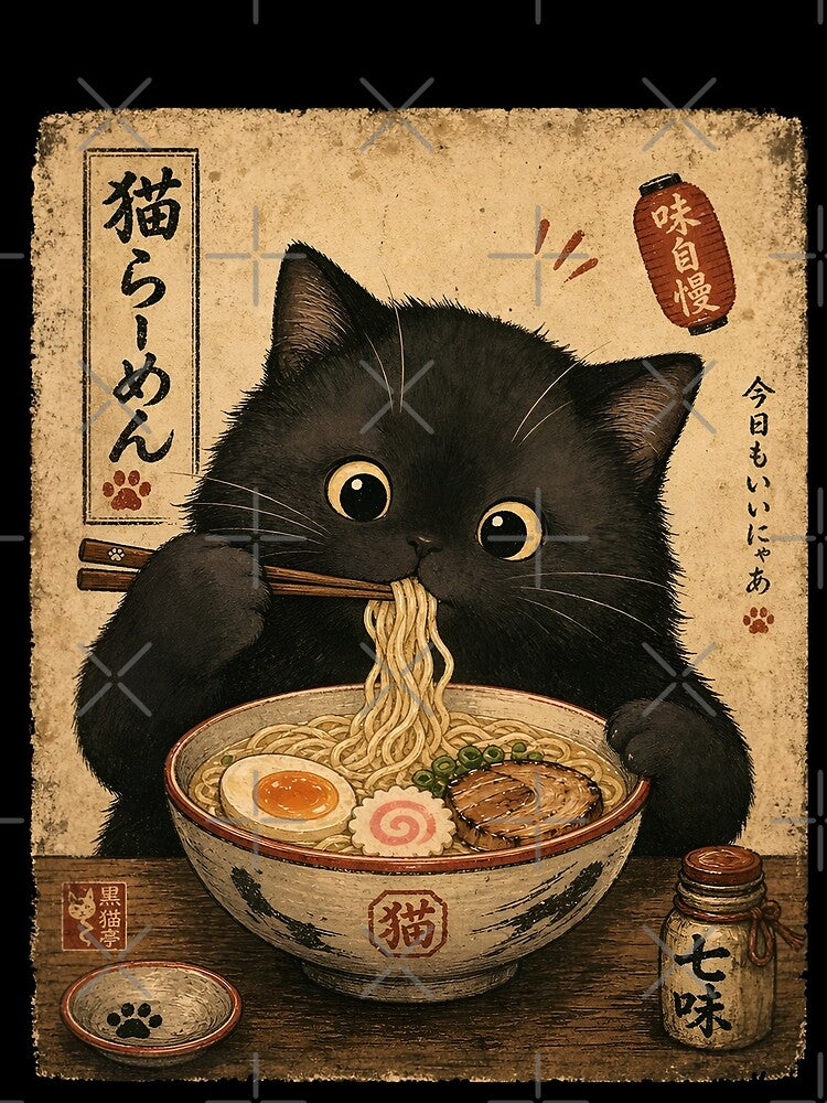 Chubby Black Cat Eating Ramen Again by merchxwear