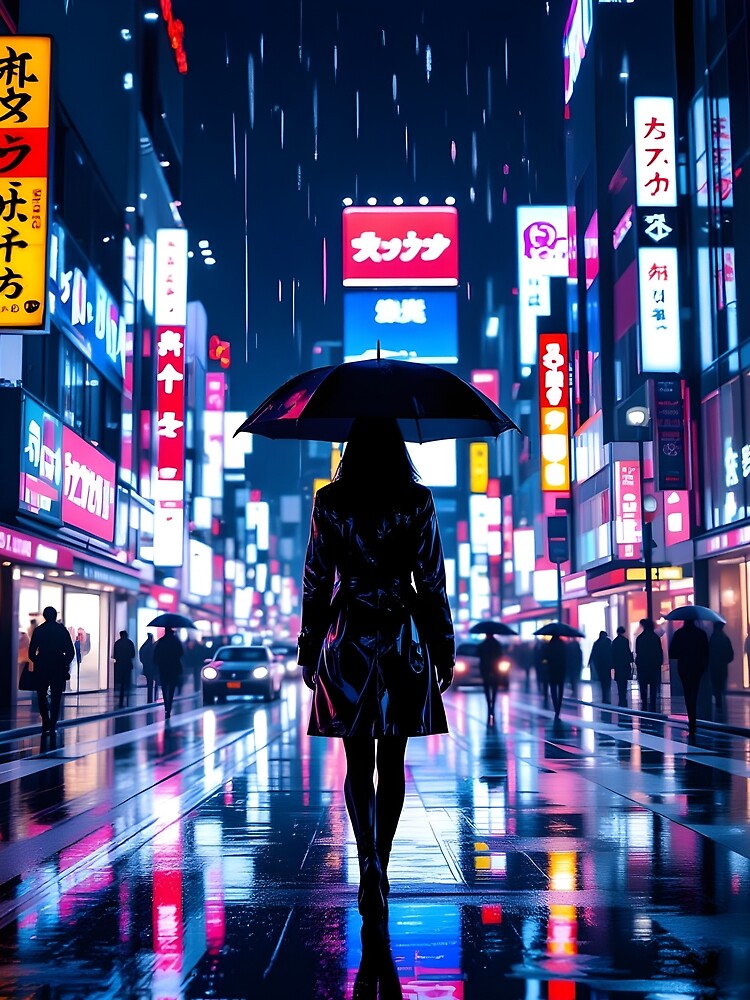 Cyberpunk City Nights – Neon Rain Street Scene Artwork by artmanikin